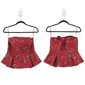 HUTCH Women 4 Audrey Top Red Peplum Floral Motif Metallic Strapless Pleated FLAW